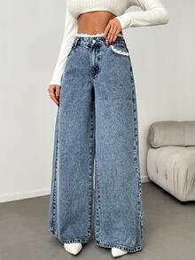 SHEIN WOMEN DENIM WIDE LEG MID WAIST LACE BELT DETAIL JEANS, PLUS SIZE - Light Wash - View 5