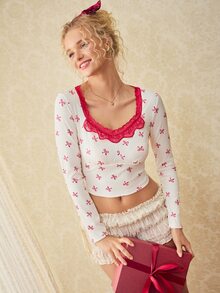 Elorette Women's Contrast Lace Bow Print Long Sleeve Pajama Top - Red and White - View 6