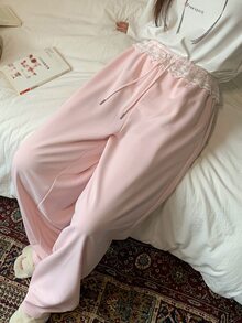 Dazy Plus 女童粉色對比蕾絲腰部設計休閒運動長褲 - 粉色 - 查看 7