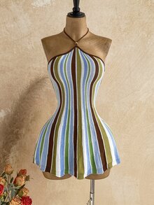 Soleia Women's Striped Casual Fashion Halter Knit Dress - Multicolor - View 4