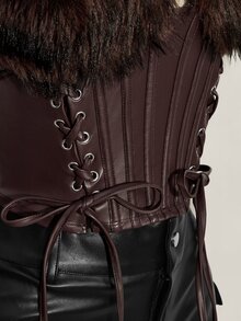 SHEIN ICON ملابس علوية كورسيه برقبة هالتر من الفرو الصناعي بتصميم باتشوورك مثيرة بأسلوب Y2K مقاس كبير - بني - مشاهدة 9
