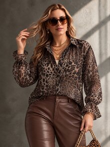 Ceyna Plus Size Women's Leopard Print Long Sleeve Casual Daily Vacation Shirt - Brown - View 6