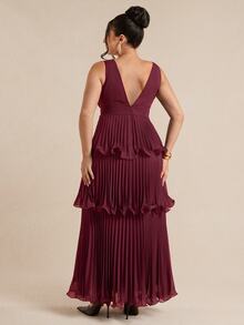 SHEIN BAE CURVE 大尺碼女款多層蛋糕荷葉拼接復古洋裝 - 酒紅色 - 查看 4