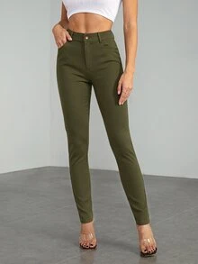 SHEIN Tall 休閒百搭純色修身長褲，適合高個女性 - 軍綠色 - 查看 8