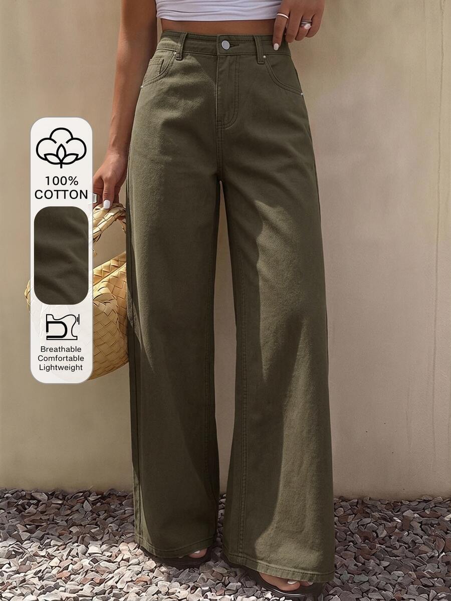 DAZY Women's Loose Casual Straight Leg Jeans, Summer New Arrival - Army Green - View 1