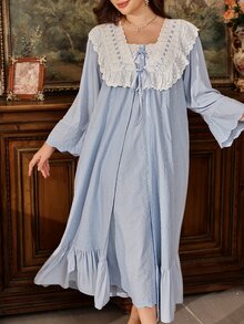 PalaceNights Royal Style Heavy Embroidery Plus Size Robe + Camisole Dress 2pcs Set - Baby Blue - View 4