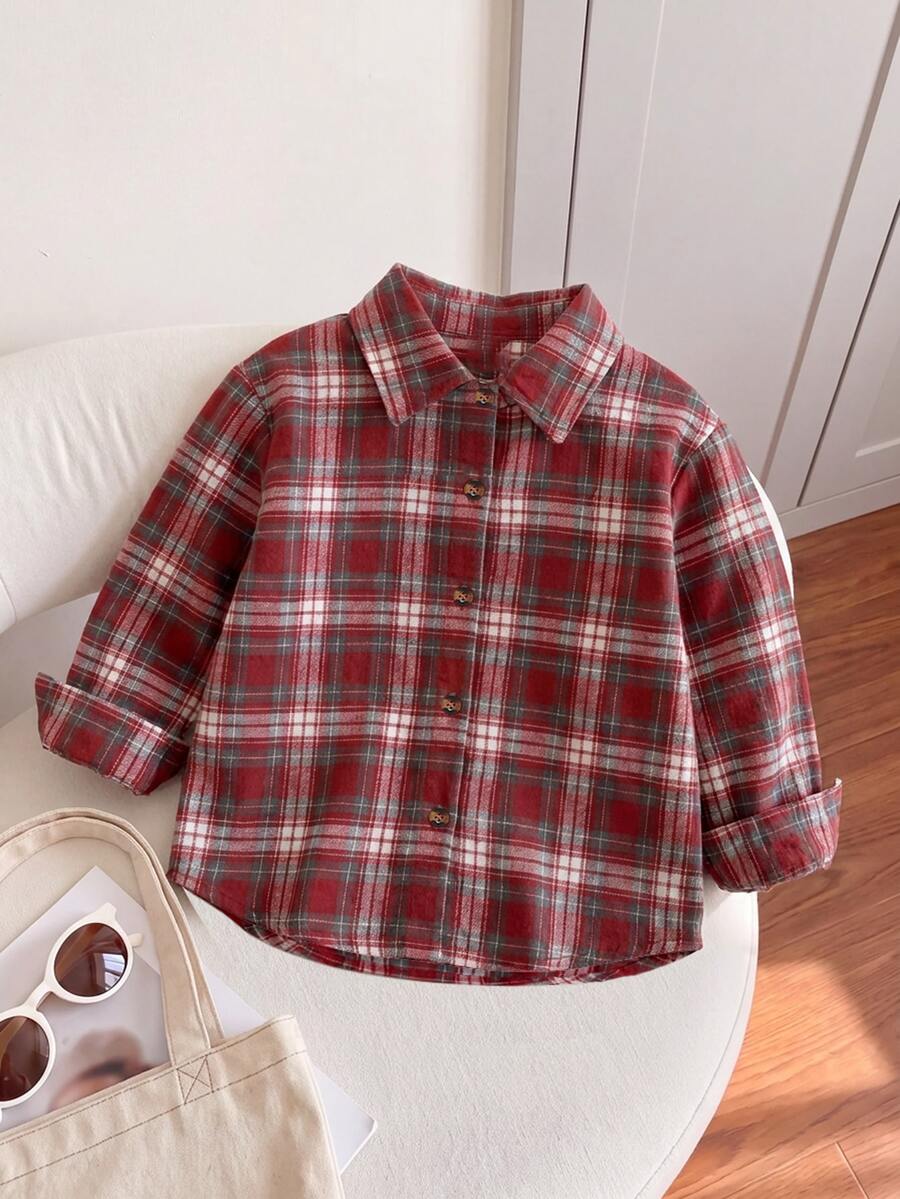 SHEIN 女童休閒格紋前開鈕扣襯衫,長袖復古領口襯衫外套,適合秋季假期穿搭與日常上學穿著 - 紅色 - 查看 1