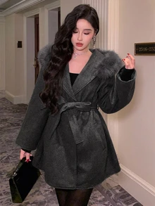 DAZY 女款優雅領口腰帶大衣，秋冬夾克 - 深灰色 - 查看 5