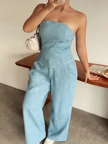 Dazy Plus Plus Size Sequin Tube Top And Pocket Long Pants Denim Set, Fashion Party - Teal Blue - View 7
