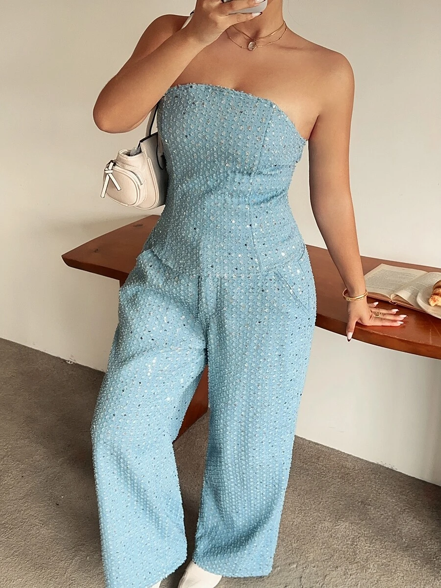 Dazy Plus Plus Size Sequin Tube Top And Pocket Long Pants Denim Set, Fashion Party - Teal Blue - View 1