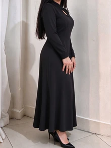 Modelyn Plus Size Black Long Sleeve A-Line Muslim Elegant Dress With Stand Collar, Frog Buttons And Water Drop Neckline - Black - View 5