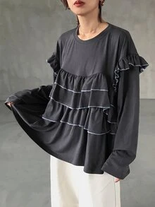 FRIFUL Middle-Aged Women Patchwork Multi-Layer Ruffle Long Sleeve T-Shirt - Grey - View 4