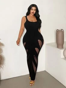 Maweii Plus Size Women's Solid Color Hollow Design Sleeveless Fitted Sexy Dress - Black - View 2