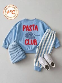 4-7歲男孩食物主題套裝，「Pasta Club」印花圓領寬鬆套頭運動衫搭配條紋長褲休閒套裝，適合秋冬穿著 - 藍色 - 查看 3