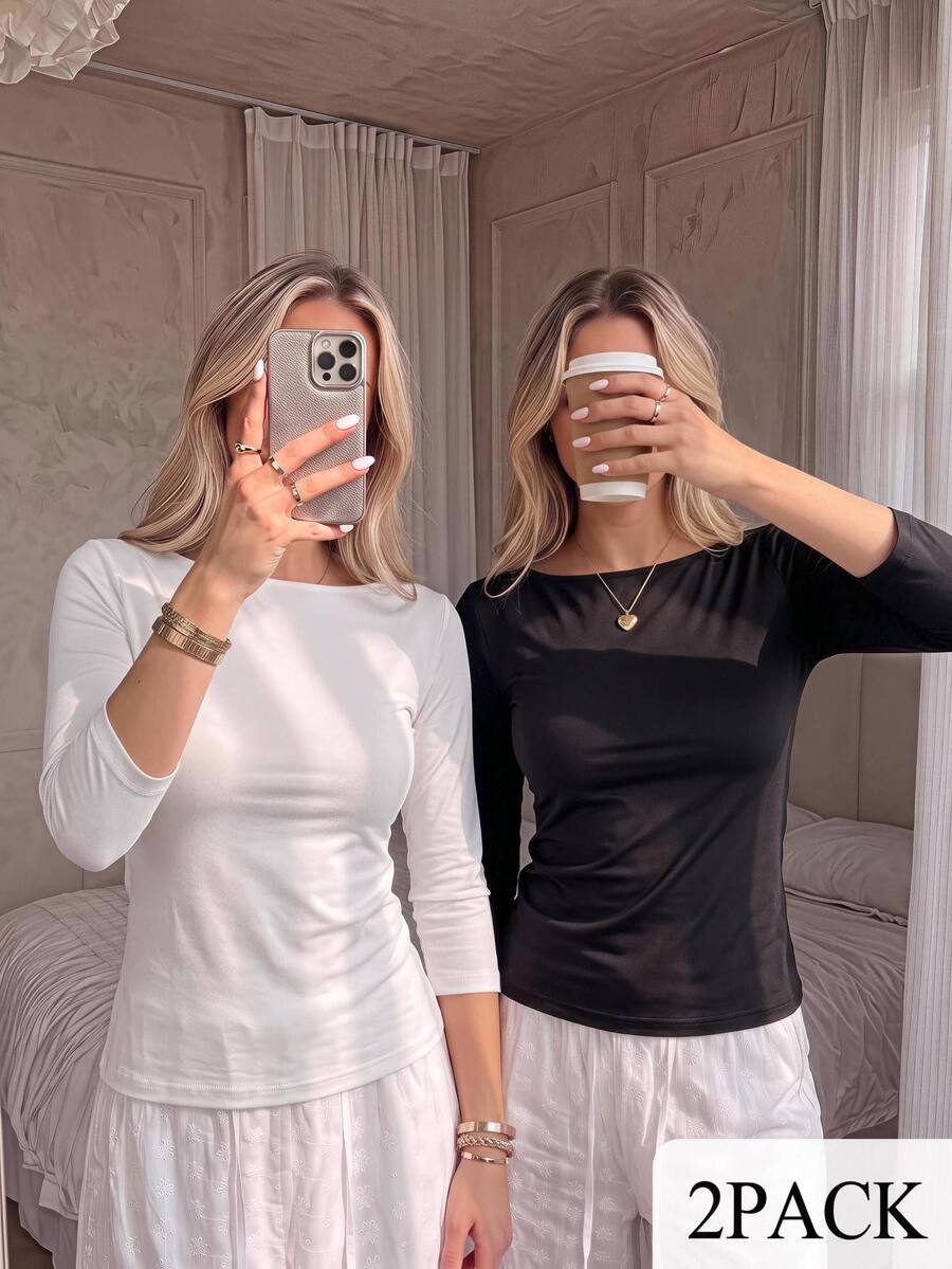 CovetEZ 2-Pack Women's Solid Color Crew Neck Three-Quarter Sleeve Casual Versatile T-Shirt - Multicolor - View 1