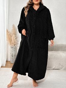 SHEIN CURVE+ 大尺碼女款法蘭絨連帽毛絨睡袍，加厚冬季睡衣，內裡加襯，秋季穿著舒適 - 黑色 - 查看 4