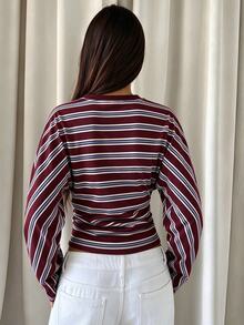 Aloruh Women's Striped Round Neck Batwing Long Sleeve Casual T-Shirt - Burgundy - View 2