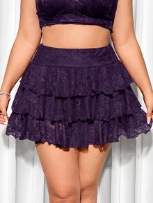SHEIN ICON 大尺碼純色蕾絲蛋糕裙，休閒舒適，適合夏季度假 - 紫色 - 查看 2