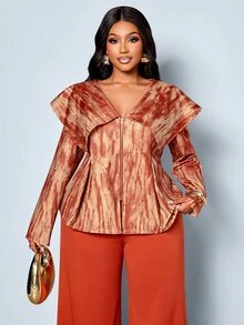 SOLERSUN Plus Size Vintage Print 2 Pieces Set, Plus Size Shawl Collar Cinched Waist A-Line Top And Draped Wide Leg Pants, Retro Textured Print, Mature Elegant Style For Daily Wear, Gatherings And Commuting - Orange - View 2