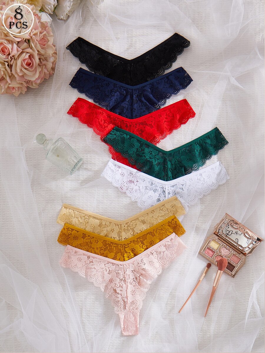 SHEIN طقم 8 قطع ملابس داخلية نسائية دانتيل أنيقة ومريحة - متعدد الألوان - مشاهدة 1