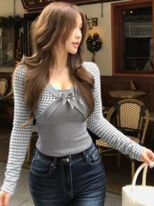 DAZY Women's Autumn Grey & White Houndstooth 2 In 1 Patchwork Bow Decor Fitted Long Sleeve Casual Date Sweet Daily Knit T-Shirt - Grey - View 4