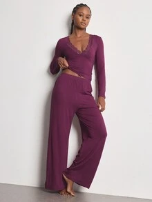Ocili Set Piyama Celana Panjang Lengan Panjang Leher V Berbahan Rajut Renda Nyaman untuk Wanita - Red Violet - View 2