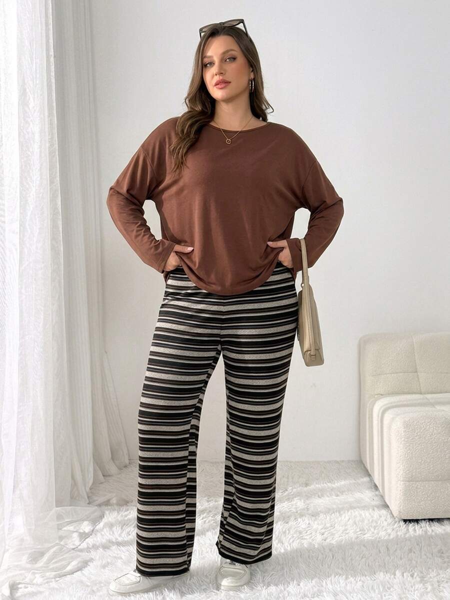 Shapeblank 女款大尺碼秋冬兩件套:時尚休閒寬鬆彈性舒適棕色上衣搭配條紋長褲,秋季穿搭 - 棕色 - 查看 1