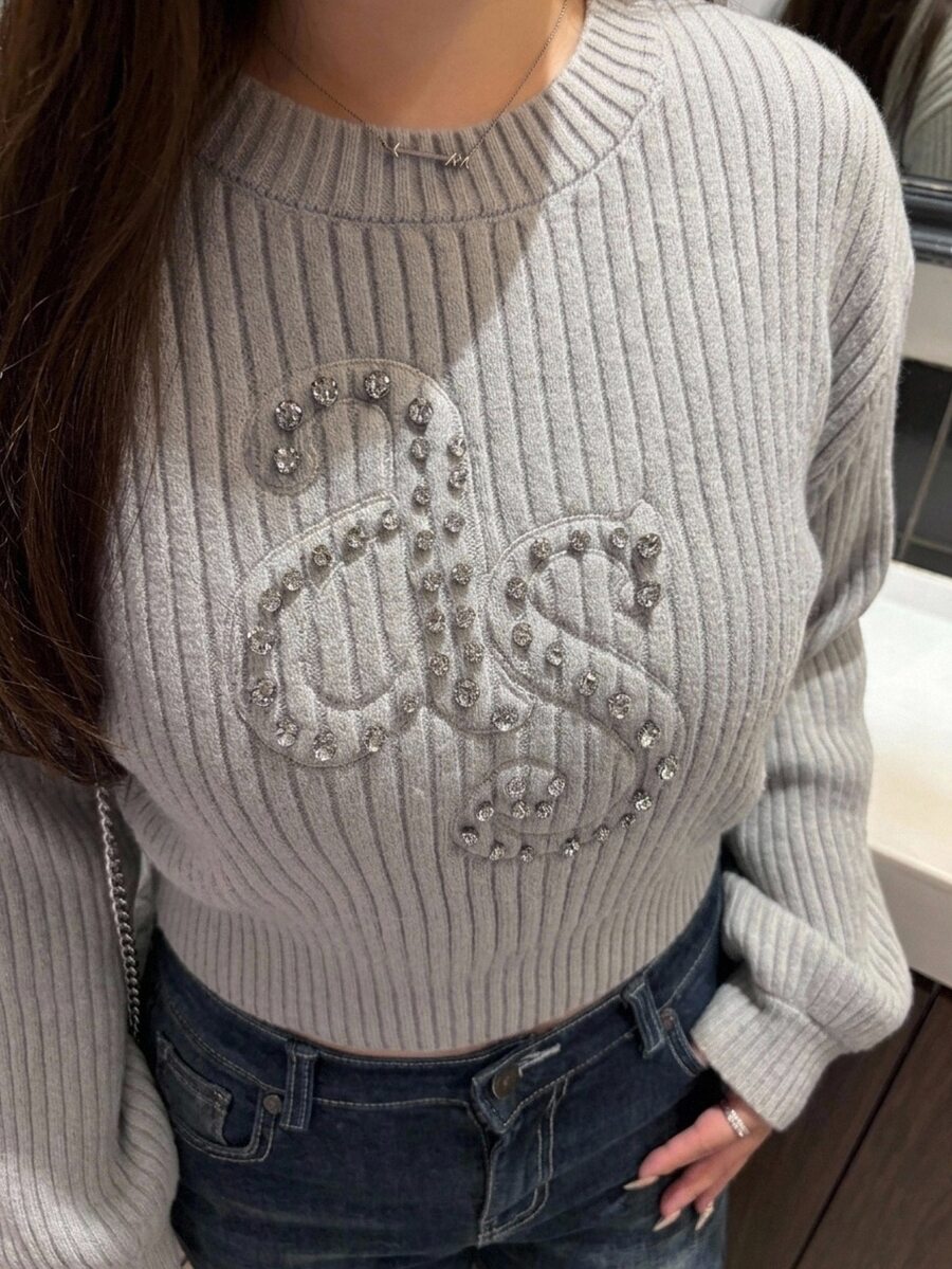 Dazy Plus Rhinestone Decor Letter Jacquard Short Korean Style Versatile Autumn/Winter Sweater - Grey - View 1