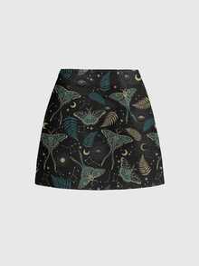 ROMWE Gothic Hippie Sun Moon Star Moth Print High Slit Plus Size Skirt - Black - View 2
