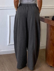 Dazy Plus Celana Panjang Polos Longgar dengan Belahan Kaki Melengkung, Gaya Kasual Streetwear Korea, Tebal, Cocok untuk Musim Gugur/Dingin - Dark Grey - View 2