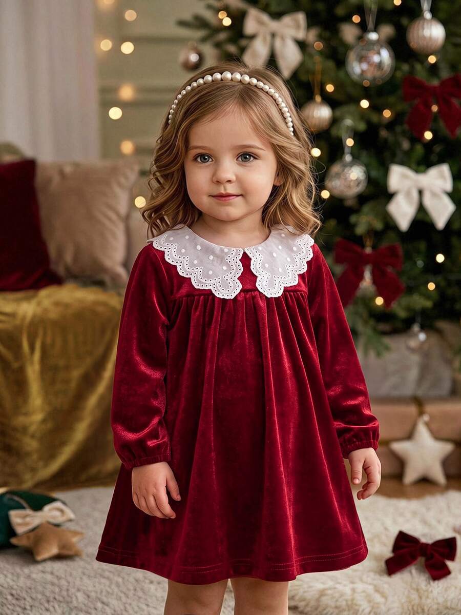SHEIN Baby Girl Solid Color Knitted Soft Round Neck Ruffle Hem Cinched Waist Long Sleeve Dress Burgendy Princess Red Burgundy Clothes Flounce Fall - Red - View 1