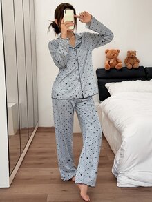 SweetSlumber Women's Heart & Polka Dot Print Lapel Collar Pajama Set - Grey - View 6