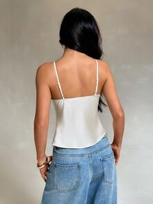 SHEIN PETITE Spring/Summer Vacation Solid Color Woven Contrast Lace Camisole Tank Top For Women - Beige - View 2