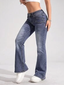 SHEIN EZwear 女款休閒日常牛仔褲，附口袋與鈕扣設計 - 藍色 - 查看 5