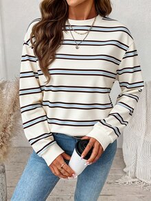 SHEIN LUNE Women's Striped Crew Neck Drop Shoulder Long Sleeve Casual Loose Sweatshirt - White - View 3