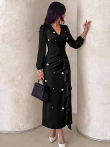 Modelyn Women's Black Slim Fit Wrap Dress With Pleated Beaded Decor, Elegant Mid-Length Dress For Party And Date - Black - View 4