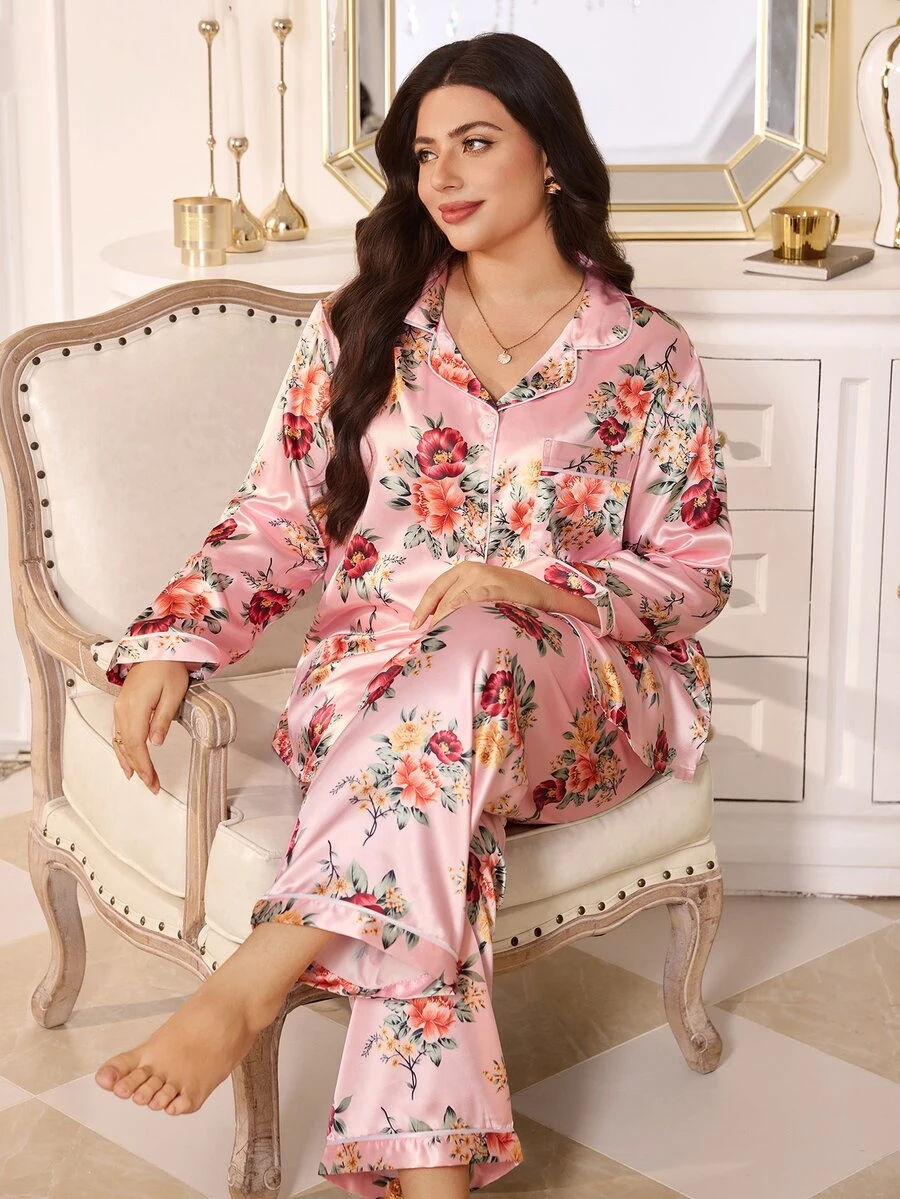 MuseNap CURVE Women's Plus Size Floral Print Faux Silk Open Front Lapel Long Sleeve Long Pants Pajama Set - Pink - View 1
