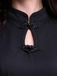 Modelyn Plus Size Black Long Sleeve A-Line Muslim Elegant Dress With Stand Collar, Frog Buttons And Water Drop Neckline - Black - View 4