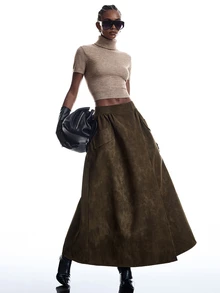 LYSMO Chân váy quấn nhún nữ xòe rộng - Màu Khaki - Xem 6