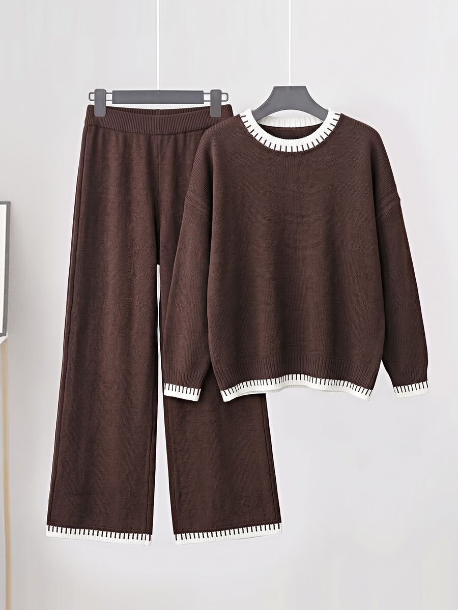 Linhara Plus Size Women's Colorblock Long Sleeve Top And Long Knit Casual Everyday Set - Brown - View 1