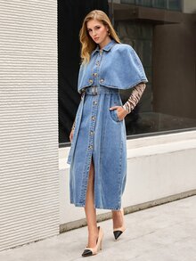 Selenza Women's Pleated Dress And Shawl Top Casual Denim Set - Blue - View 7