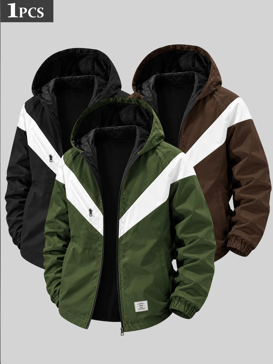 Gym Rark New Arrival Men's Drawstring Hooded Jacket, V-Shaped Colorblock Patchwork, Diagonal Zipper Pockets, Full Zip Front, Elastic Cuffs And Hem, Casual Sports Spring/Autumn Outerwear - Army Green - View 1