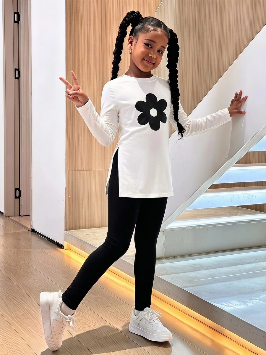 SHEIN Tween女孩秋冬休閒街頭風黑白花卉印花側開衩長袖長版T恤搭配刷毛內裡內搭褲2件套,日常穿著 - 黑與白 - 查看 1