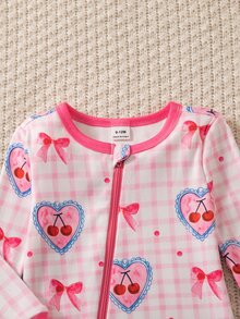 SHEIN 1件秋冬女嬰居家服 粉色格紋櫻桃圖案甜美長袖長褲拼接設計修身拉鍊連身衣 - 粉色 - 查看 7