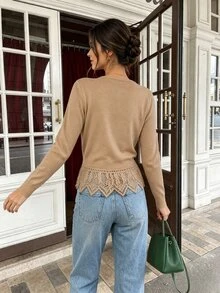 SHEIN PariChic 女款圓領單排扣蕾絲拼接休閒百搭日常開襟衫 - 駝色 - 查看 2