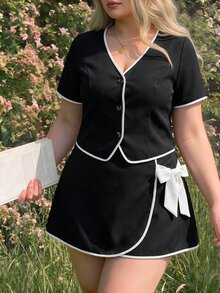 SHEIN MOD 大尺碼女款對比色V領單排扣短袖上衣與迷你裙休閒日常兩件套 - 黑與白 - 查看 8