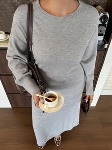 Livesso Autumn/Winter Round Neck Loose Minimalist Daily Waist-Cinching Casual Commute Grey Knit Sweater Dress - Grey - View 1