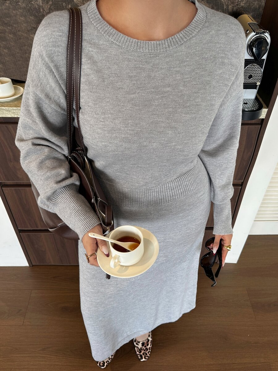 Livesso Autumn/Winter Round Neck Loose Minimalist Daily Waist-Cinching Casual Commute Grey Knit Sweater Dress - Grey - View 1