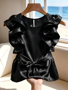 GlowEve CURVE Plus Size Elegant Ruffle Trim Blouse - Black - View 1