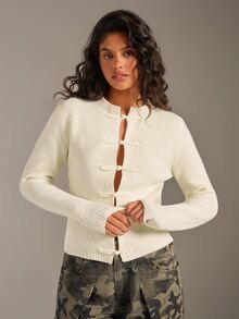 Athîral Women's Versatile Ribbed Frog Button Long Sleeve Elegant Sweater - Cream - View 1
